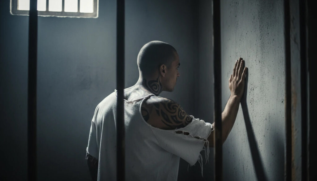 Presidiário examinando formato cela prisão metáfora humanidade debatendo Terra plana globo ignorando prisão dimensional vibratória