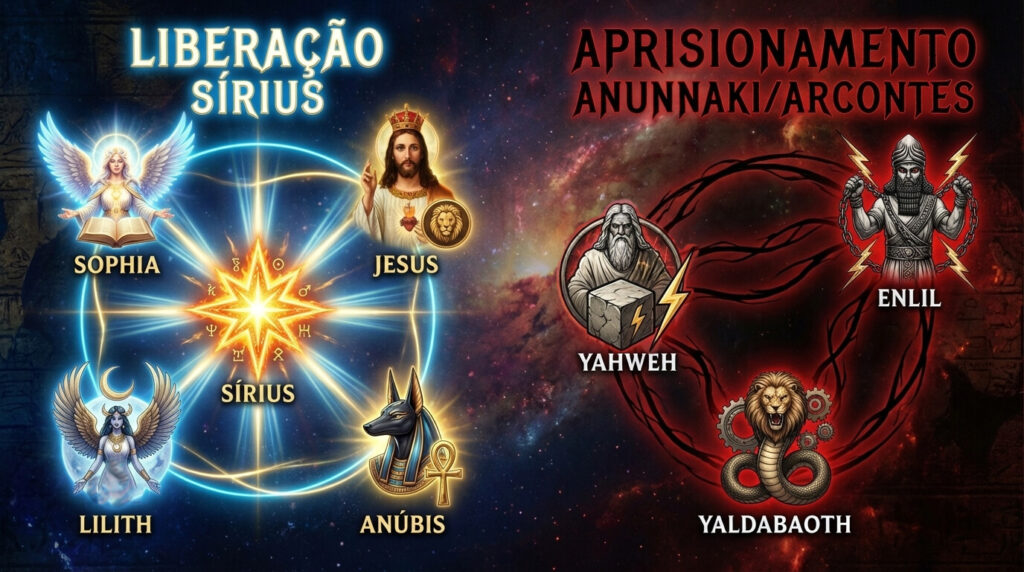 Diagrama mostrando facção libertadora de Sírius (Sophia Jesus Lilith Anúbis) versus Anunnaki Arcontes em guerra cósmica pelo controle da humanidade