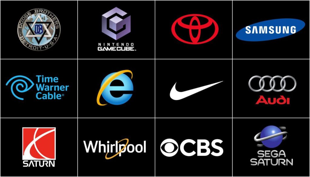 Logos corporativos modernos Saturn CBS Nike Audi com simbolismo saturnino hexágono cubo revelando culto oculto em cultura popular