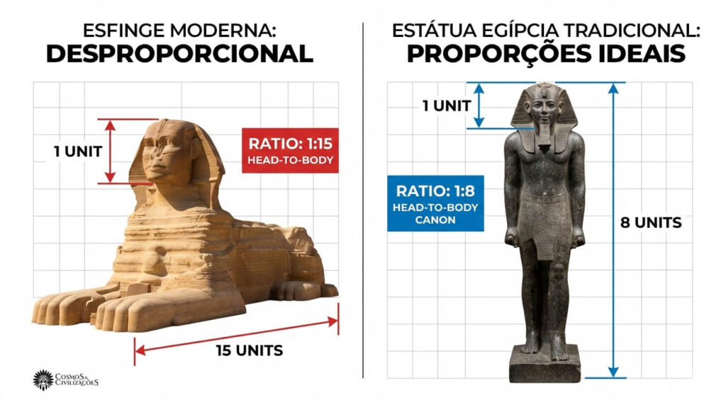 Comparação mostrando cabeça desproporcional da Esfinge versus proporções perfeitas de estátuas egípcias tradicionais provando reescultura