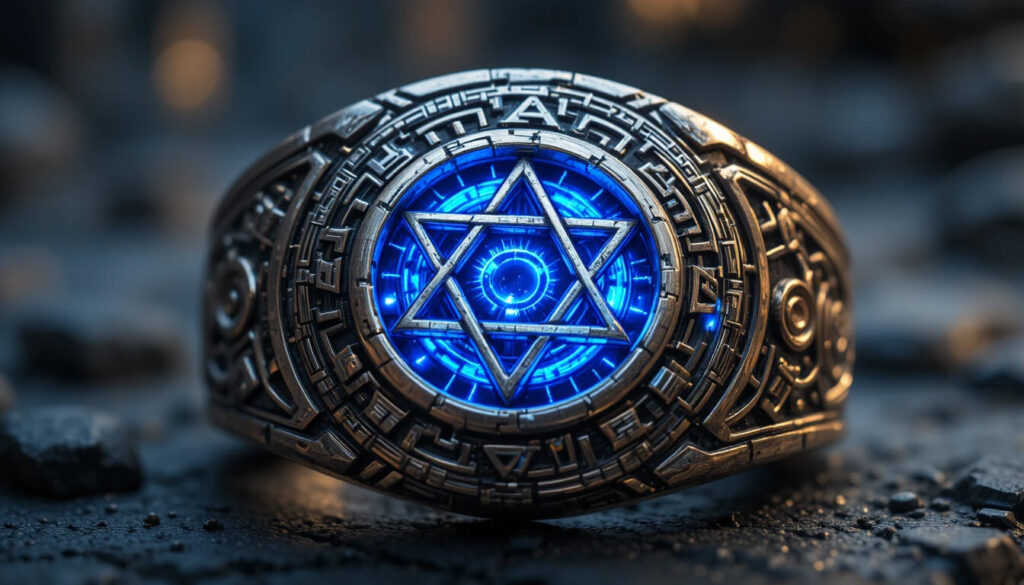 "Anel místico de Salomão com hexagrama e padrões de circuitos alienígenas mostrando tecnologia extraterrestre não magia"