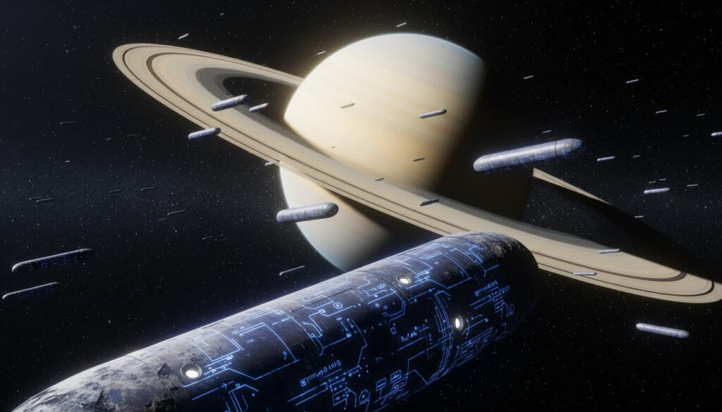 Objetos cilíndricos anômalos shepherd moons orbitando anéis de Saturno sugerindo possíveis naves ou estruturas artificiais não naturais