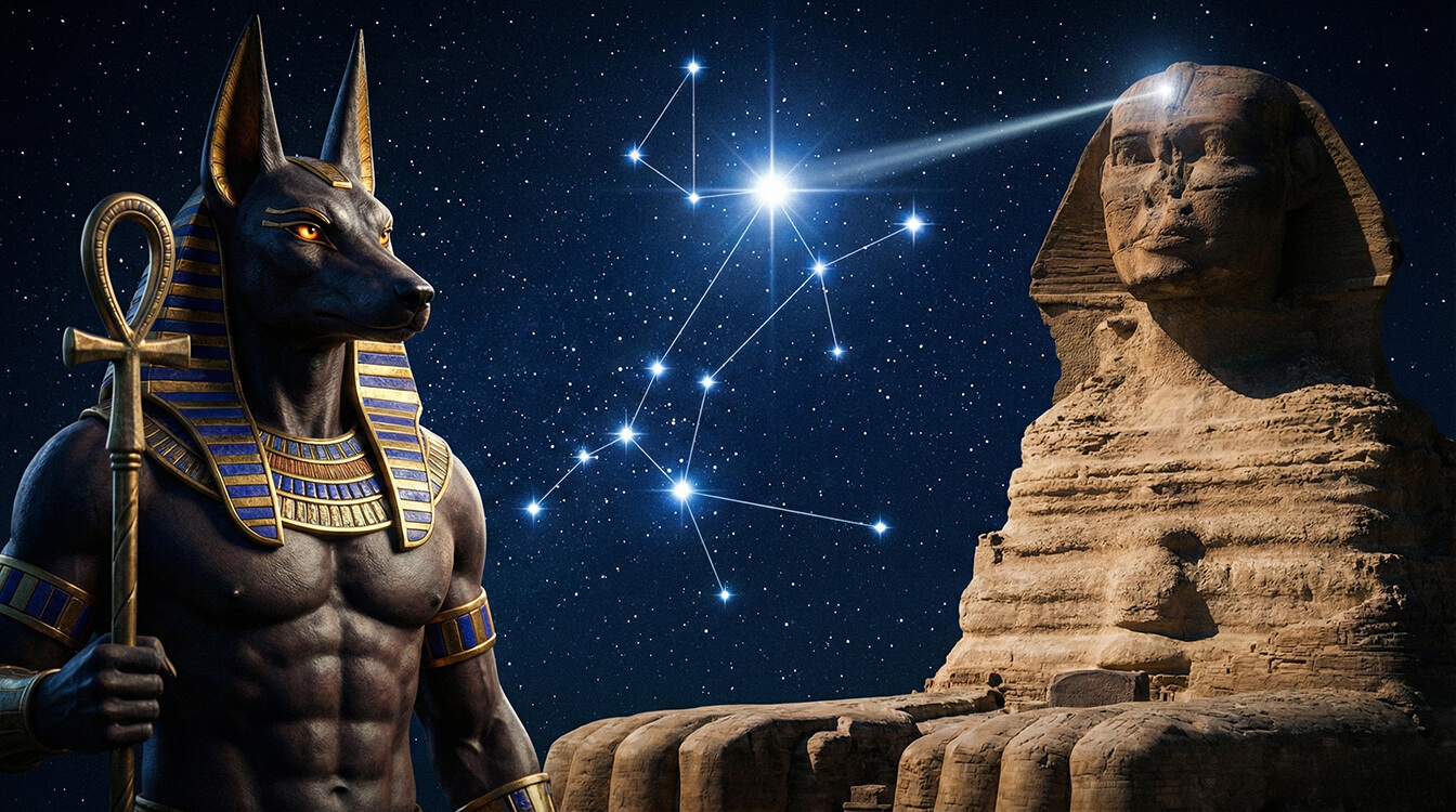Esfinge de Gizé com sobreposição de Anúbis mostrando verdadeira identidade do monumento como ser cósmico de Sírius que Anunnaki tentaram apagar