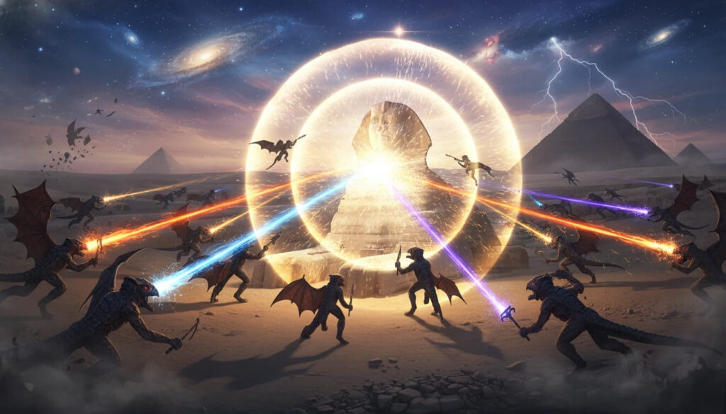 Anunnaki tentando destruir Esfinge mas sendo impedidos por proteção cósmica de Anúbis mostrando hierarquia superior de Sírius