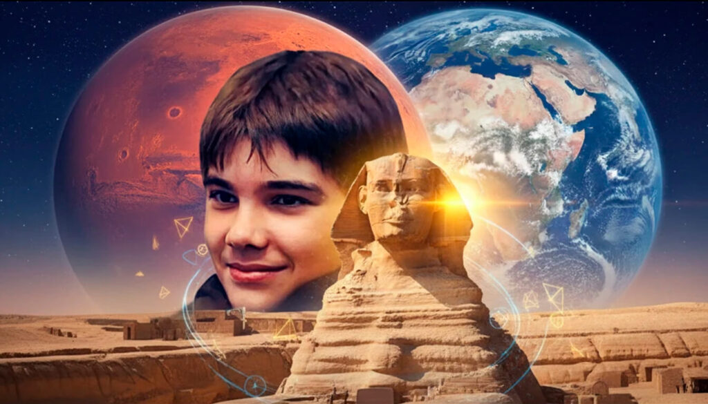 Boriska Kipriyanovich garoto que afirma ter vivido em Marte revelando que Esfinge tem mecanismo de abertura atrás da orelha