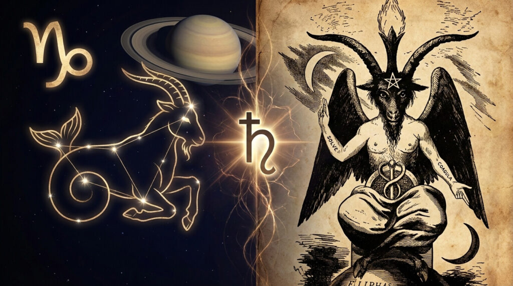Conexão entre Capricórnio regido por Saturno e Baphomet bode hermafrodita do ocultismo revelando simbolismo saturnino em sociedades secretas