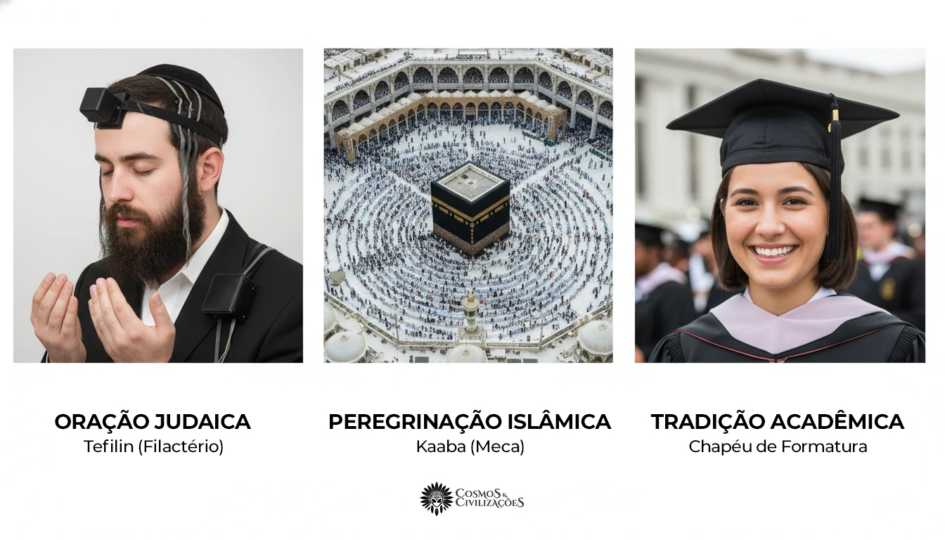 Três cubos negros universais: Tefilin judaico, Kaaba islâmica e capelo de formatura, revelando culto a Saturno em religiões e na sociedade.