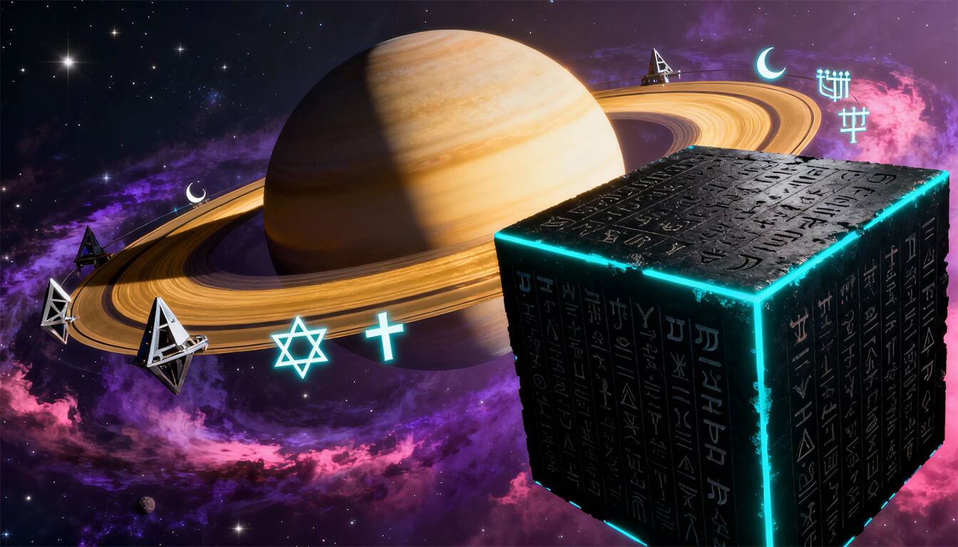 Saturno com cubo negro e símbolos religiosos revelando culto universal oculto à base Anunnaki do sistema solar