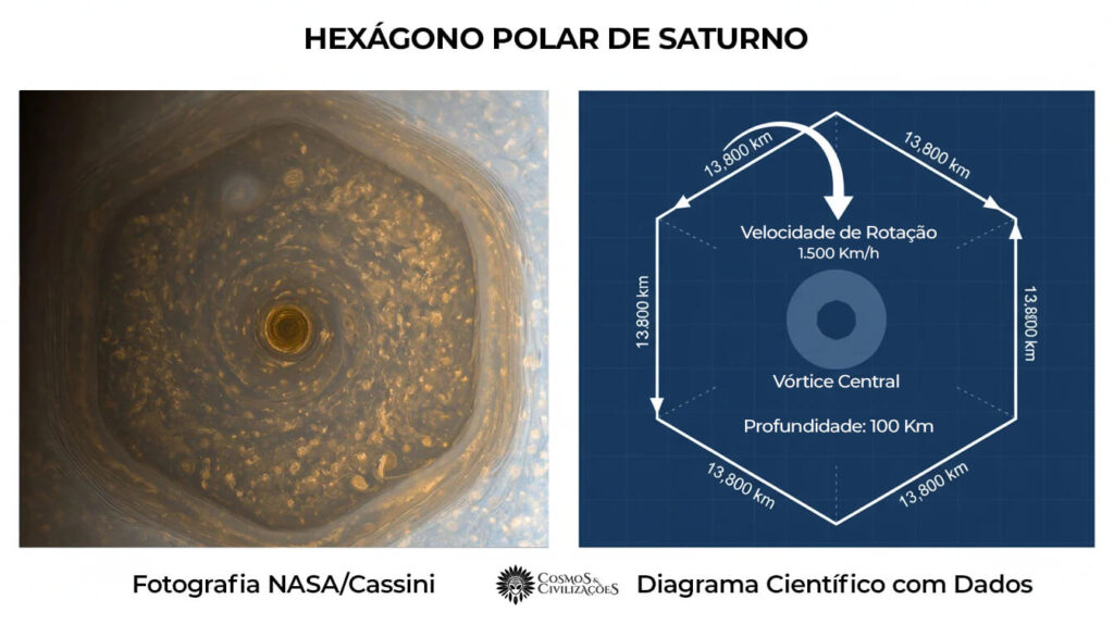 Hexágono perfeito de Saturno fotografado pela NASA Cassini mostrando estrutura geometricamente impossível de 13800 km por lado