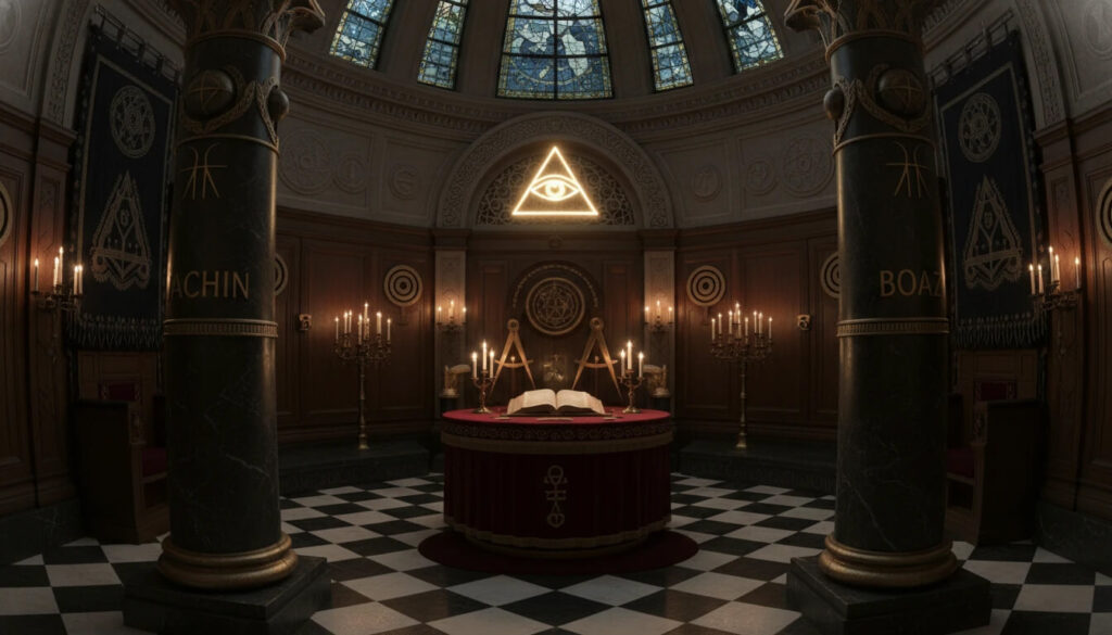 Templo maçônico com colunas Jaquim e Boaz preservando conhecimento de linhagem híbrida de Salomão e tecnologia perdida
