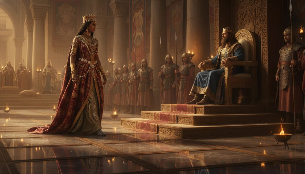 Rainha de Sabá híbrida sendo testada por Salomão piso de cristal revelando natureza não totalmente humana