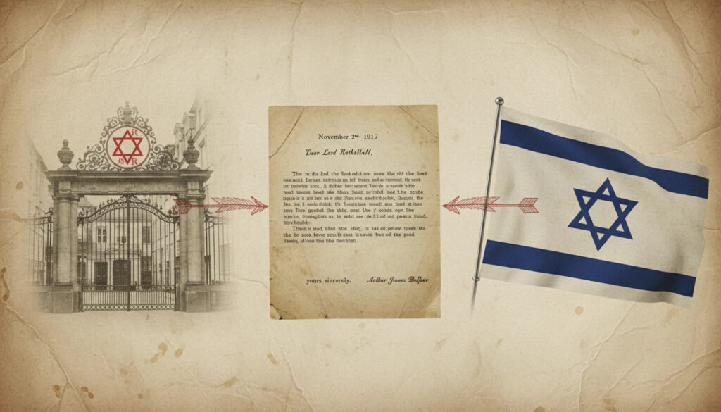 Conexão Rothschild hexagrama vermelho Declaração Balfour fundação Israel mostrando dinastia híbrida e símbolo saturnino na bandeira