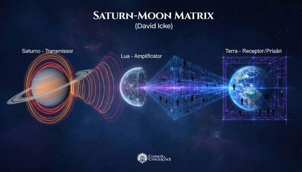Diagrama Saturn-Moon Matrix mostrando Saturno transmitindo frequência Lua amplificando Terra aprisionada em matriz dimensional 3D
