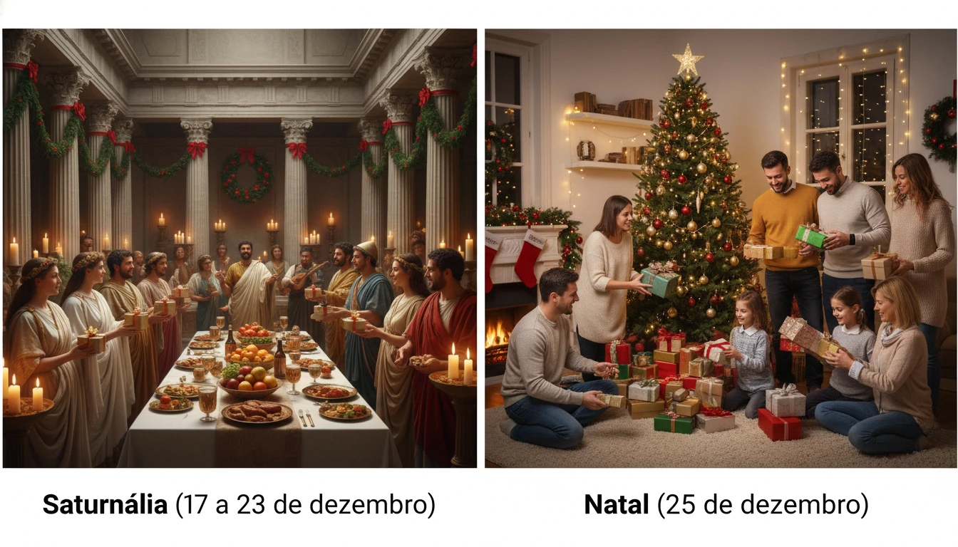 Comparação entre Saturnália romana e Natal moderno mostrando mesmas práticas festa presentes decoração revelando culto a Saturno disfarçado
