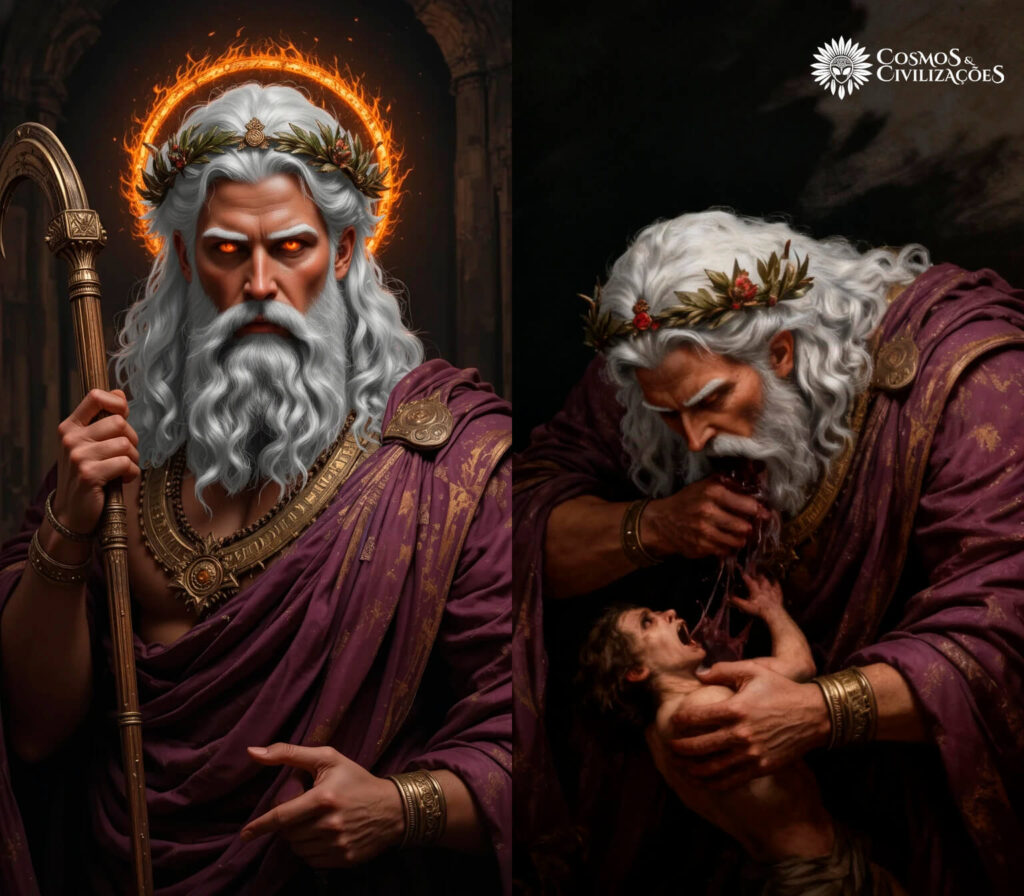 Saturno Cronos devorando filho representando tempo consumindo vida e colheita perpétua de almas no culto saturnino