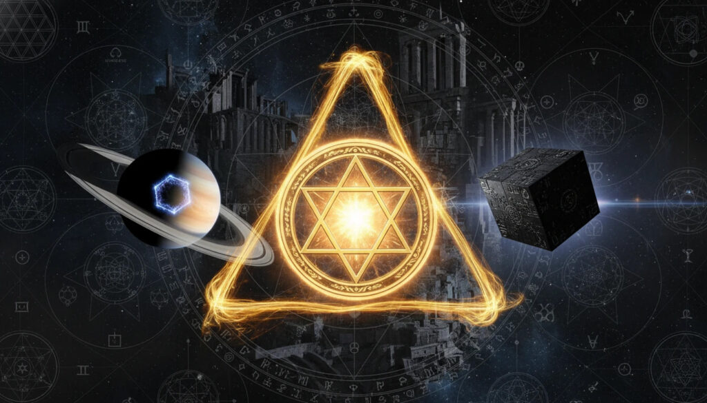 Conexão entre Selo de Salomão hexagrama Saturno hexágono e Cubo Negro revelando tecnologia cósmica oculta sociedades secretas
