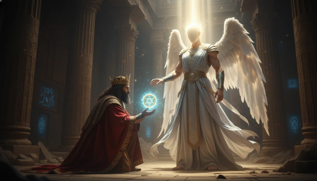 Salomão recebendo Selo hexagrama de Vigilante mostrando artefato alienígena não foi criado por ele mas dado