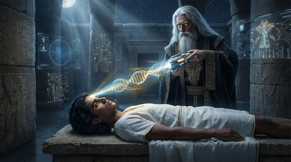 Yahweh Enlil realizando modificação genética em Salomão instalando sabedoria por upgrade DNA não milagre espiritual