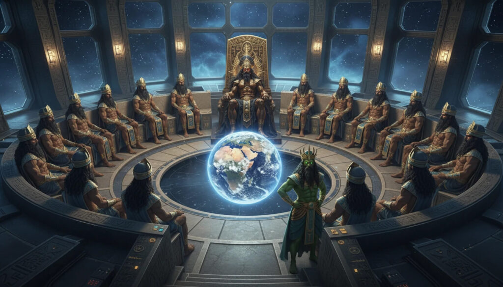 Conselho Anunnaki com Enlil e Enki discutindo experimento