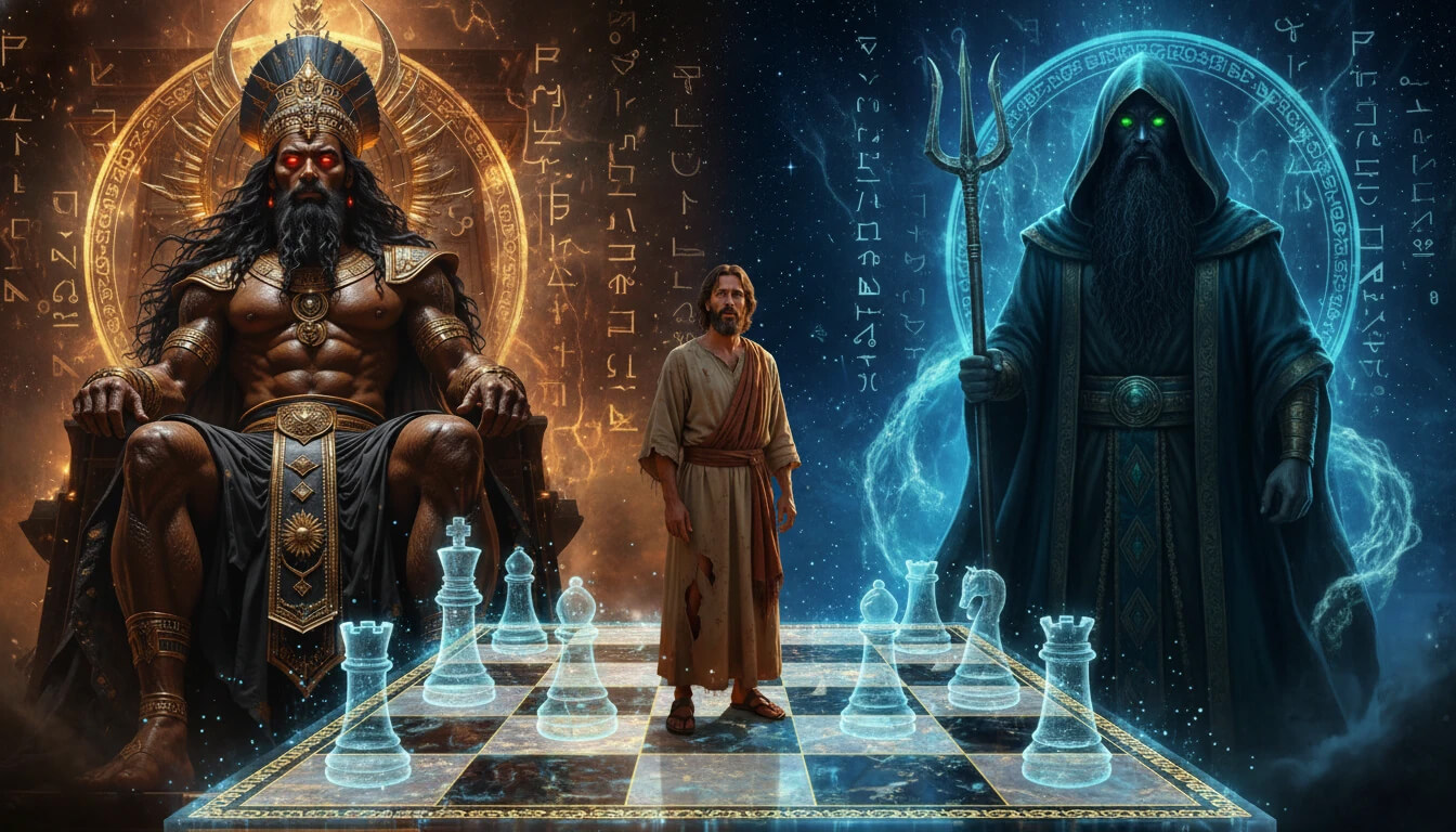 Enlil e Enki fazendo aposta usando Jó como cobaia