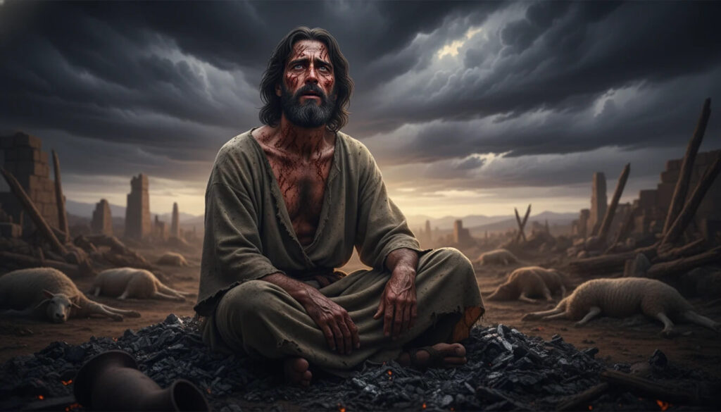 Jó sofrendo coberto de chagas após aposta Anunnaki