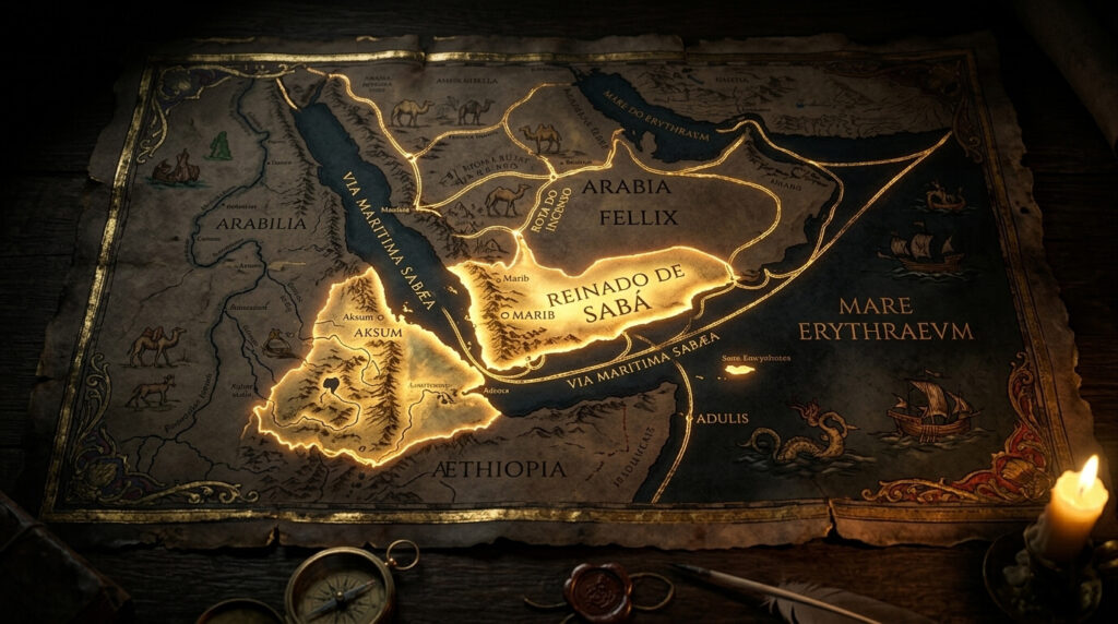 Mapa do Reino de Sabá no atual Iêmen e Etiópia mostrando território sob tutela de Anunnaki diferente de Yahweh de Israel