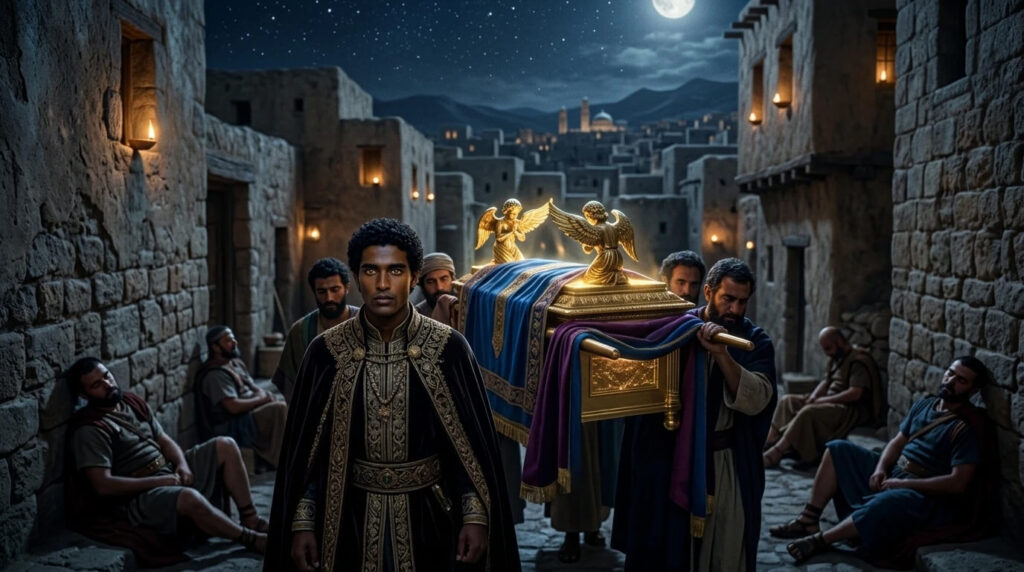 Menelik I retirando a Arca da Aliança de Jerusalém à noite para levá-la à Etiópia conforme narrado no Kebra Nagast texto sagrado etíope