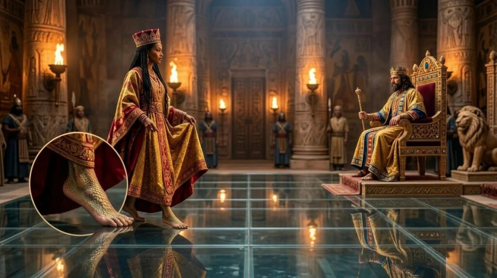 Rainha de Sabá Makeda atravessando piso de cristal no palácio de Salomão revelando sua natureza não humana conforme descrito no Kebra Nagast