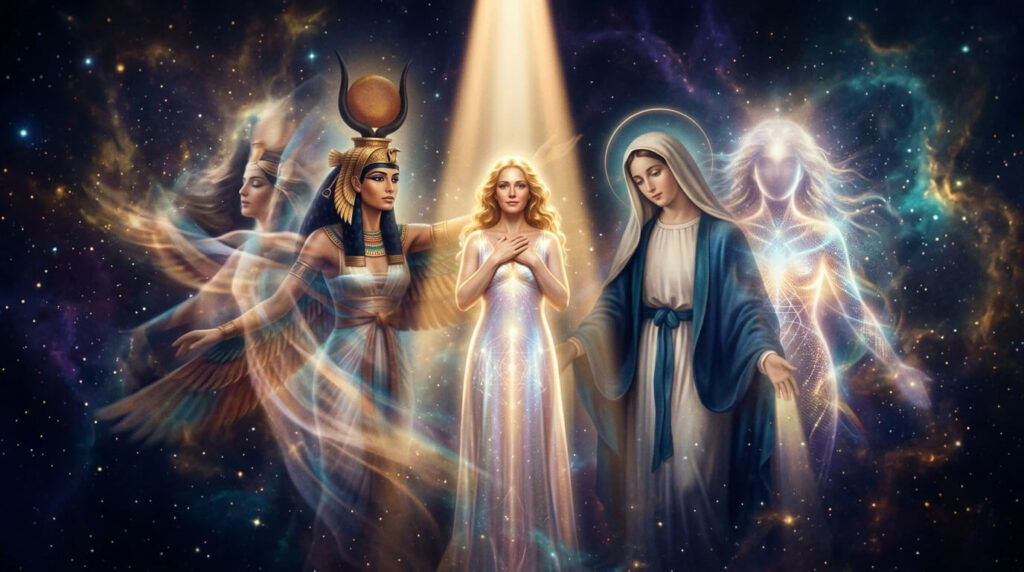 Arquétipo da verdadeira Rainha dos Céus representado em diversas civilizações ao longo da História, como Ísis, Sophia, Maria e outras figuras