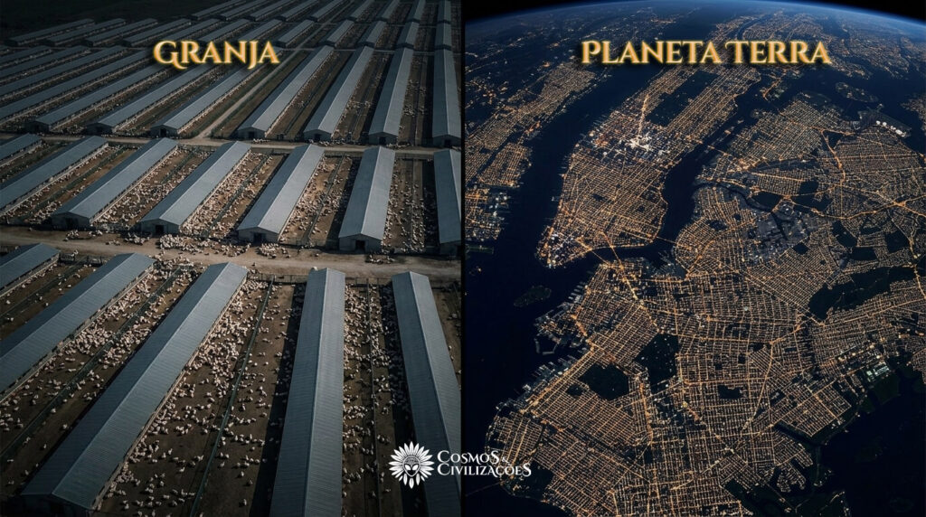 Comparação visual entre granja industrial e planeta Terra como sistema de controle onde humanos vivem em ciclos idênticos de reencarnação sem perceber o aprisionamento