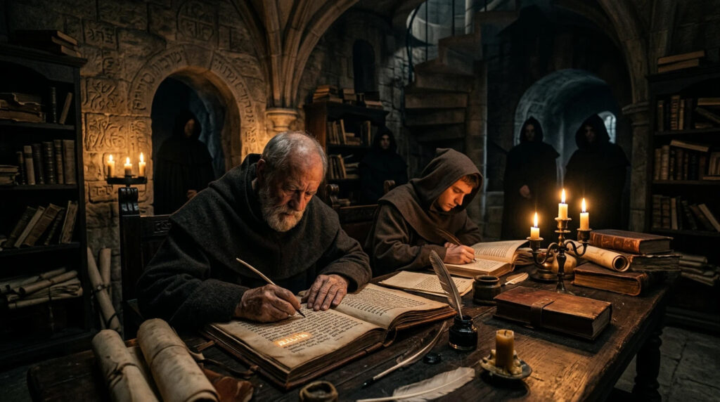 Escribas copiando e modificando textos hebraicos antigos representando a usurpação do nome Elohim e Elyon pelos aprisionadores para substituir os verdadeiros criadores