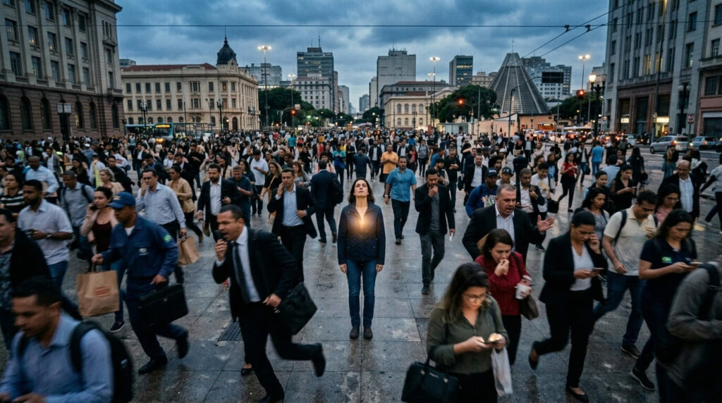 Indivíduo parado em meio ao caos da granja humana voltando atenção para dentro representando o único ato que o sistema de reencarnação e aprisionamento não consegue administrar