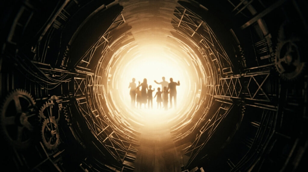 Túnel de luz apresentado como interface do sistema arcôntico de aprisionamento reencarnatório com estruturas de controle visíveis nas bordas da experiência aparentemente espiritual