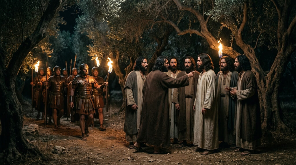 Prisão no Getsêmani mostrando que os guardas precisaram de Judas para identificar Jesus porque sua aparência era comum e indistinguível dos companheiros