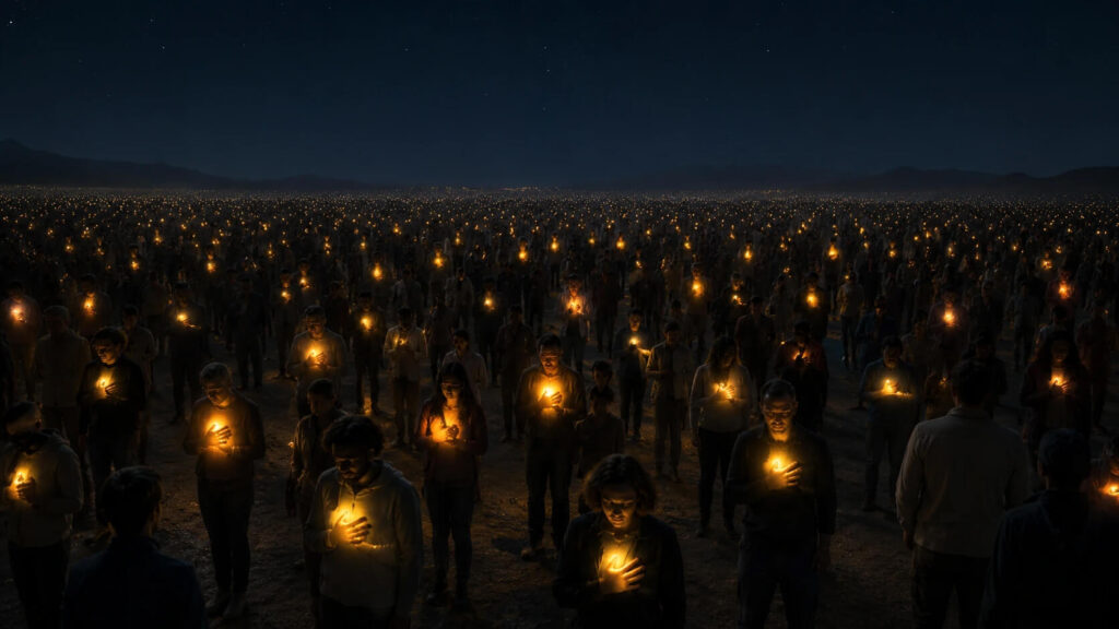Centelhas humanas despertando uma a uma com luz interior representando a verdadeira volta do Cristo como reconhecimento interno e não evento externo nos céus
