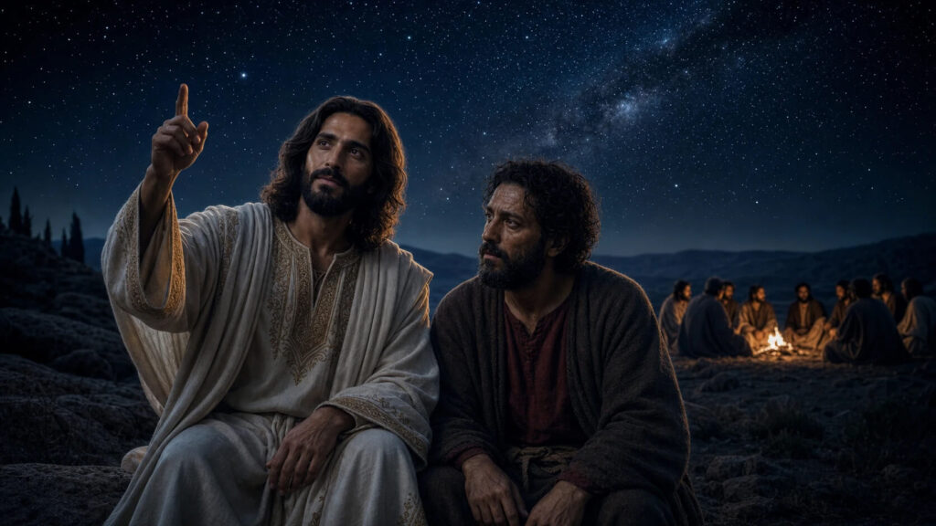 Jesus levando Judas à parte para revelar os mistérios do reino enquanto os outros discípulos permanecem afastados no Evangelho de Judas