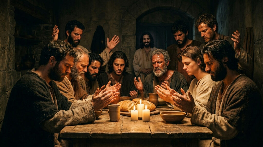 Discípulos em oração de agradecimento enquanto Jesus observa e ri no Evangelho de Judas porque agradeciam ao deus errado Saklas