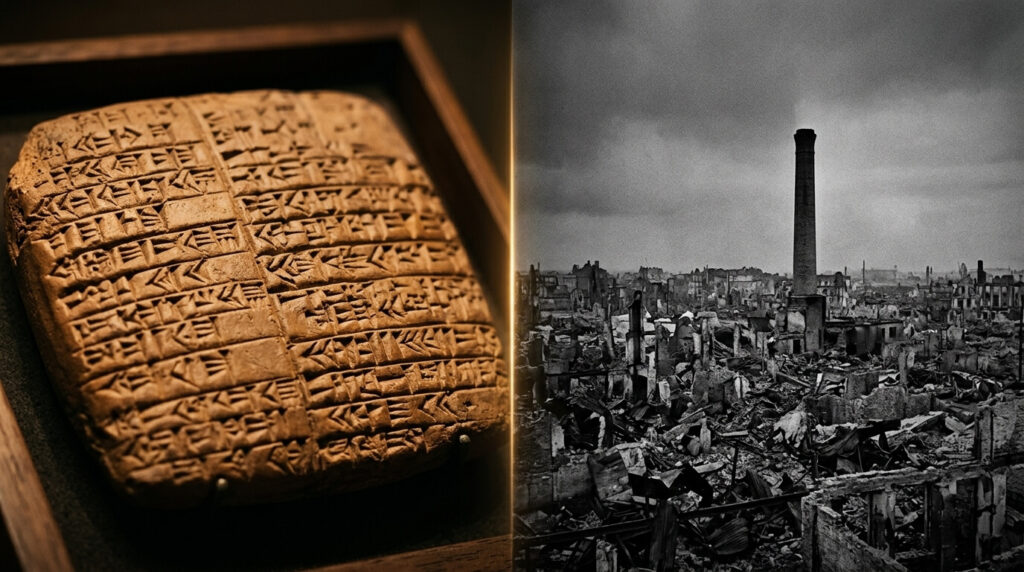 Comparação entre descrições sumérias do vento do mal e os efeitos documentados das bombas de Hiroshima e Nagasaki mostrando sintomas idênticos de radiação