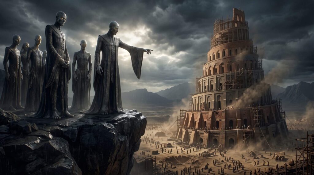Elohim descendo para inspecionar a construção da Torre de Babel revelando que não eram oniscientes nem onipresentes conforme Gênesis 11