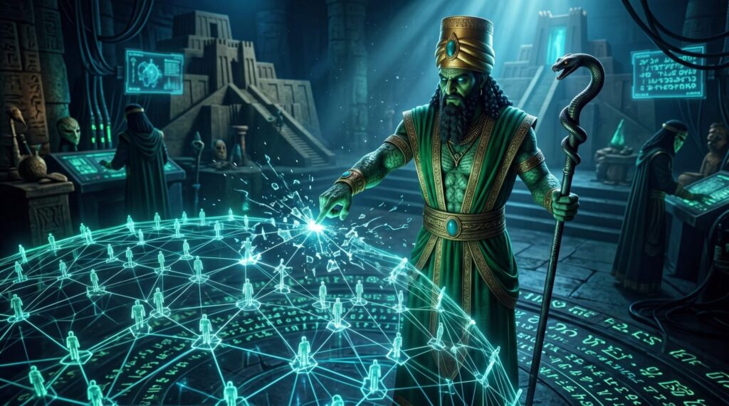 Enki dividindo a língua única da humanidade em dialetos conforme descrito no texto sumério Enmerkar e o Senhor de Aratta