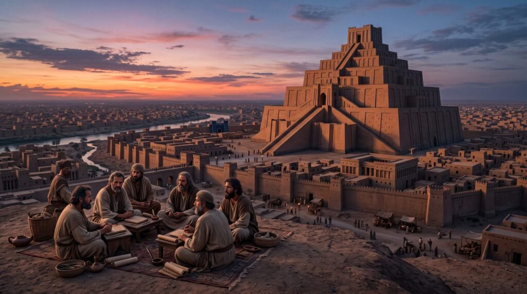 Zigurate Etemenanki na Babilônia com escribas hebreus exilados que compilaram o relato da Torre de Babel a partir de fontes mesopotâmicas